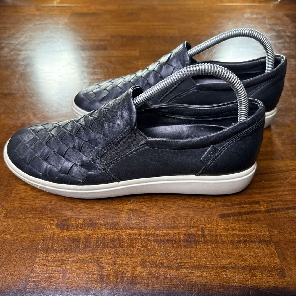 ECCO Soft 7 Woven Slip On Sneakers Womens 9 US EU 40 Black Leather Comfort Shoes